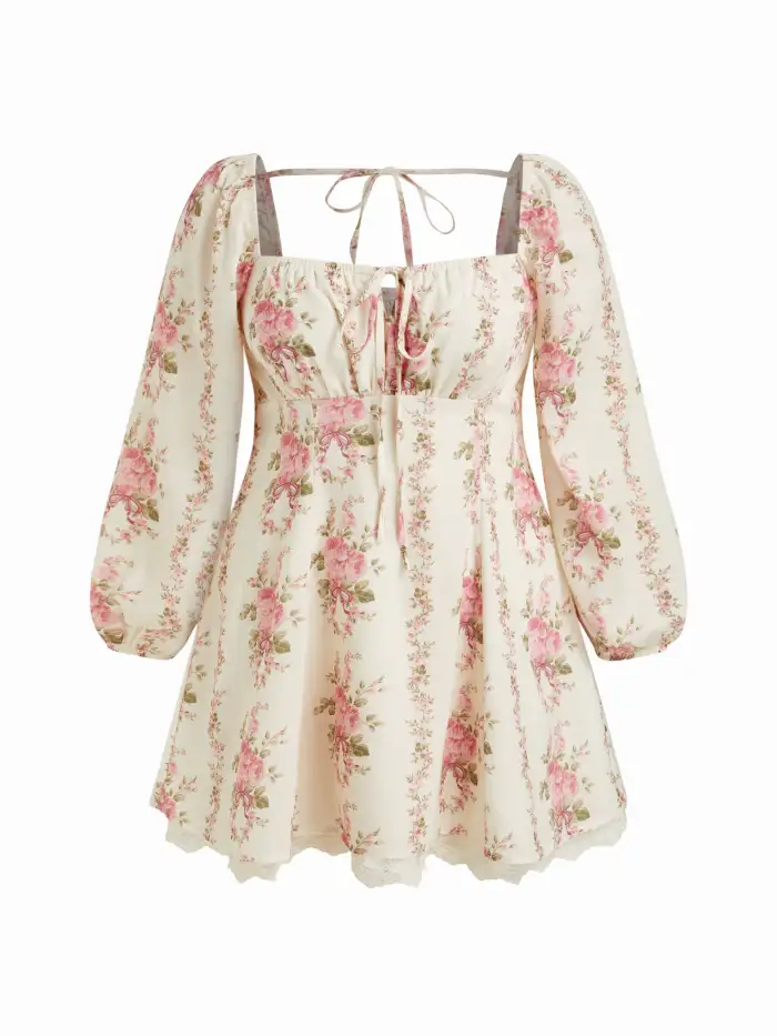 Floral Lantern Sleeve Contrasting Lace Knotted Mini Dress Curve & Plus