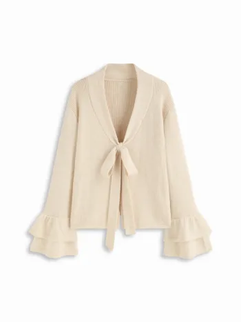 Wollmischung V-Ausschnitt Rüschenärmel Schleifen Oversize Strickjacke