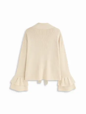 Wollmischung V-Ausschnitt Rüschenärmel Schleifen Oversize Strickjacke