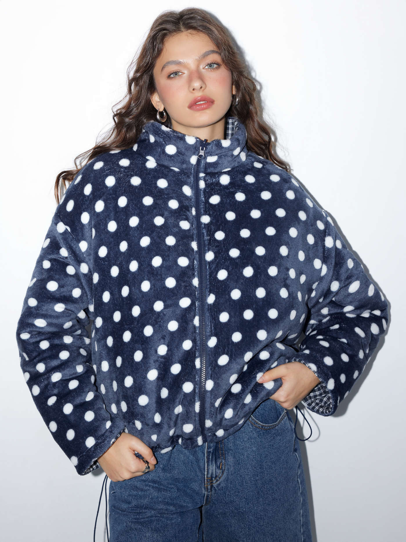 Reversible Fleece Stand Collar Polka Dot & Plaid Oversized Jacket