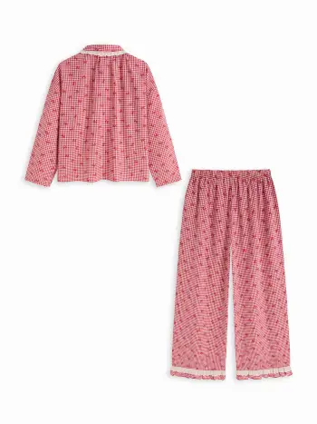 Baumwollmischung Gingham Broderie Anglaise Oversized Oberteil & Hochbundige Weite Hose mit Salatrand Lounge-Set Kurve & Plus