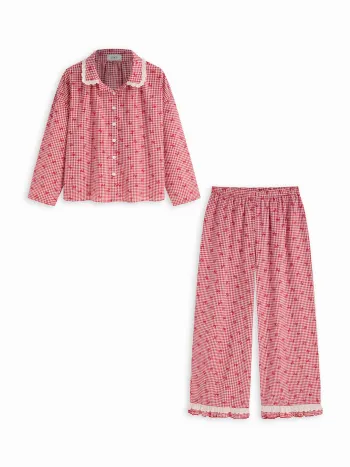 Baumwollmischung Gingham Broderie Anglaise Oversized Oberteil & Hochbundige Weite Hose mit Salatrand Lounge-Set Kurve & Plus