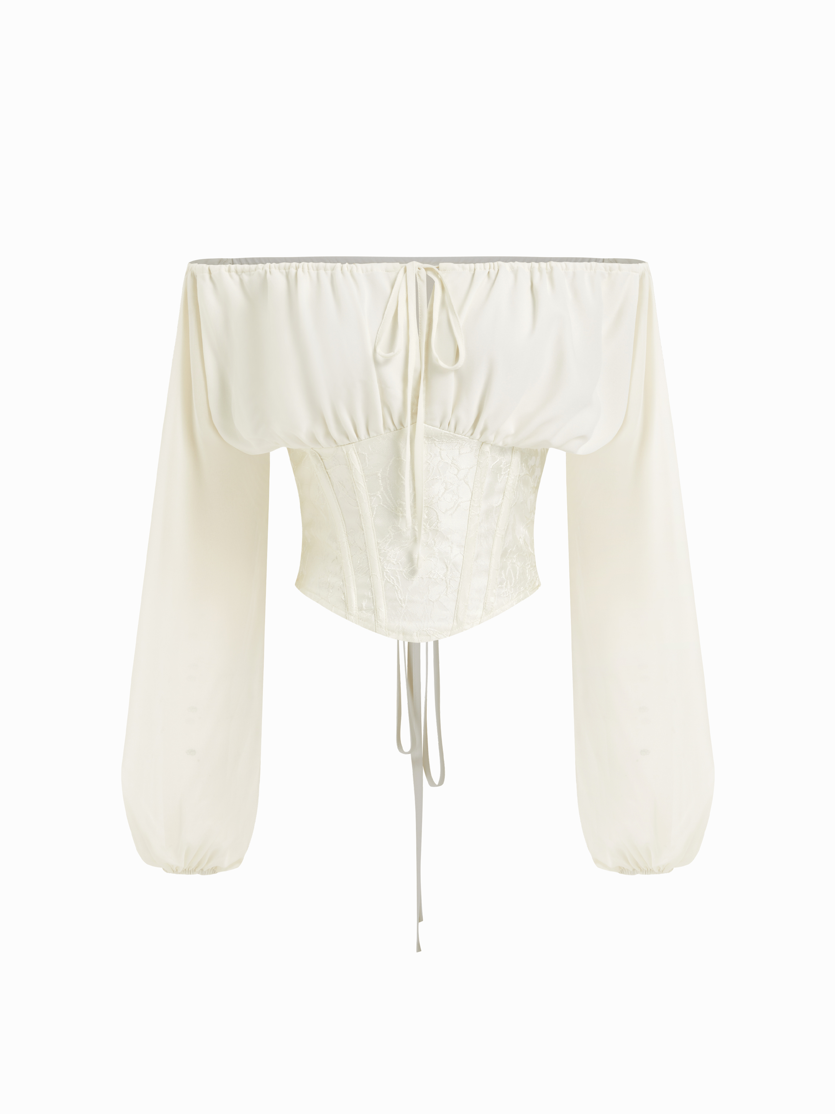 Tissé Jacquard Off-shoulder Long Sleeve Knotted Lace Up Corset Blouse For Décontracté quotidien