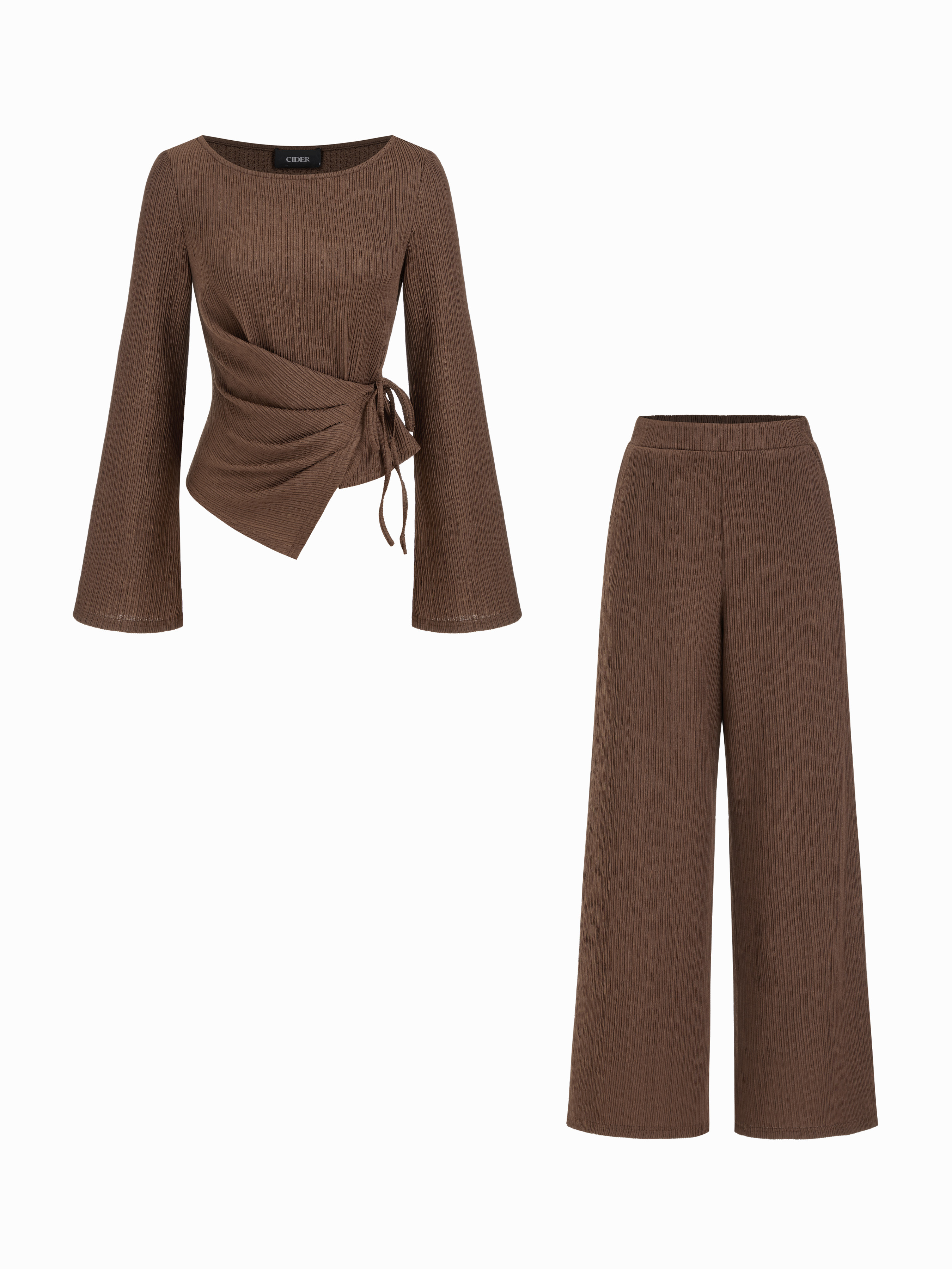 Tricot Texture Round Neckline Asymmetrical Hem Top & Mid Rise Elastic Waist Wide Leg Trousers Set For Décontracté quotidien