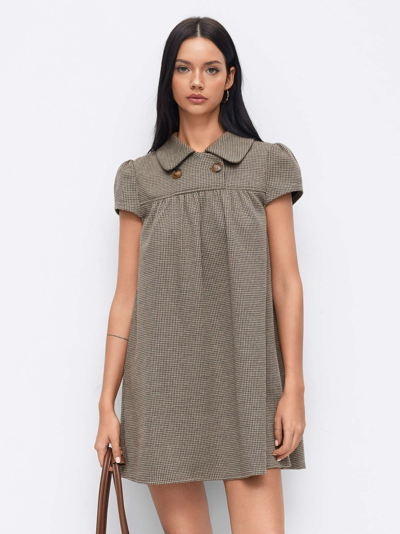 Peter Pan Collar Houndstooth Button Mini Dress