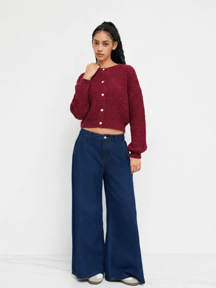 Knit Round Neckline Solid Button Cardigan