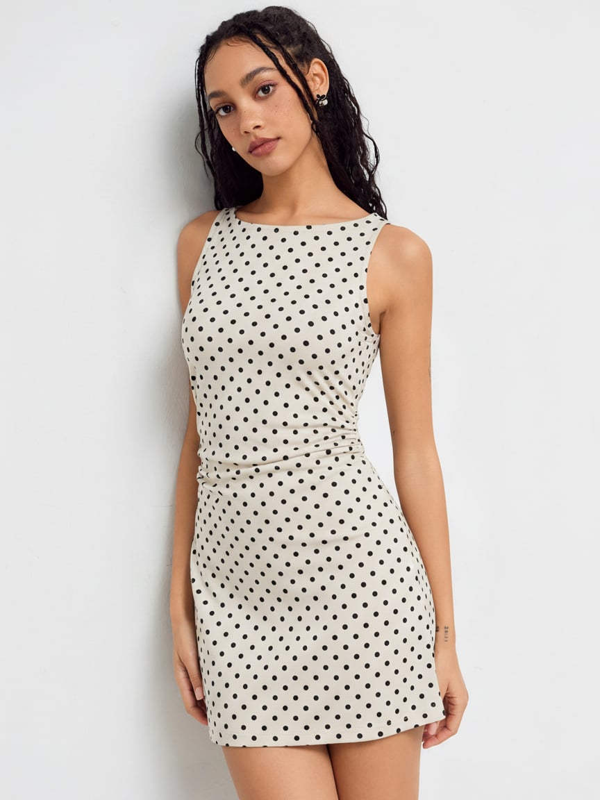 Party Dress Bodycon Mini Dress Date Night rush outfits special occasion  dresses Knit Fabric Boat Neck Polka Dot Ruched Mini Dress For Daily Casual