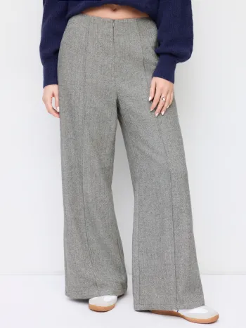 Wollartige Mittelbund-Hosen mit Reißverschluss und breiten Beinen