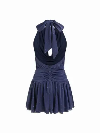 Mini-Skaterkleid mit Netzstoff, Halterhalsausschnitt, Schleife und莱茵石 Punkten