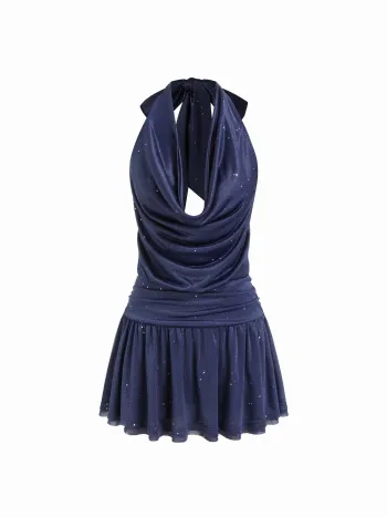 Mini-Skaterkleid mit Netzstoff, Halterhalsausschnitt, Schleife und莱茵石 Punkten