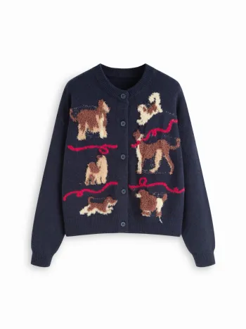 Strickjacke mit runder Halsöffnung und Tierstickerei, Oversize