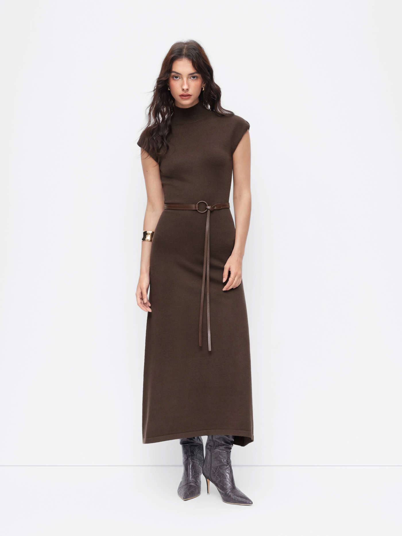 Knit High Neck Long Sleeve A-line Maxi Dress With Belt