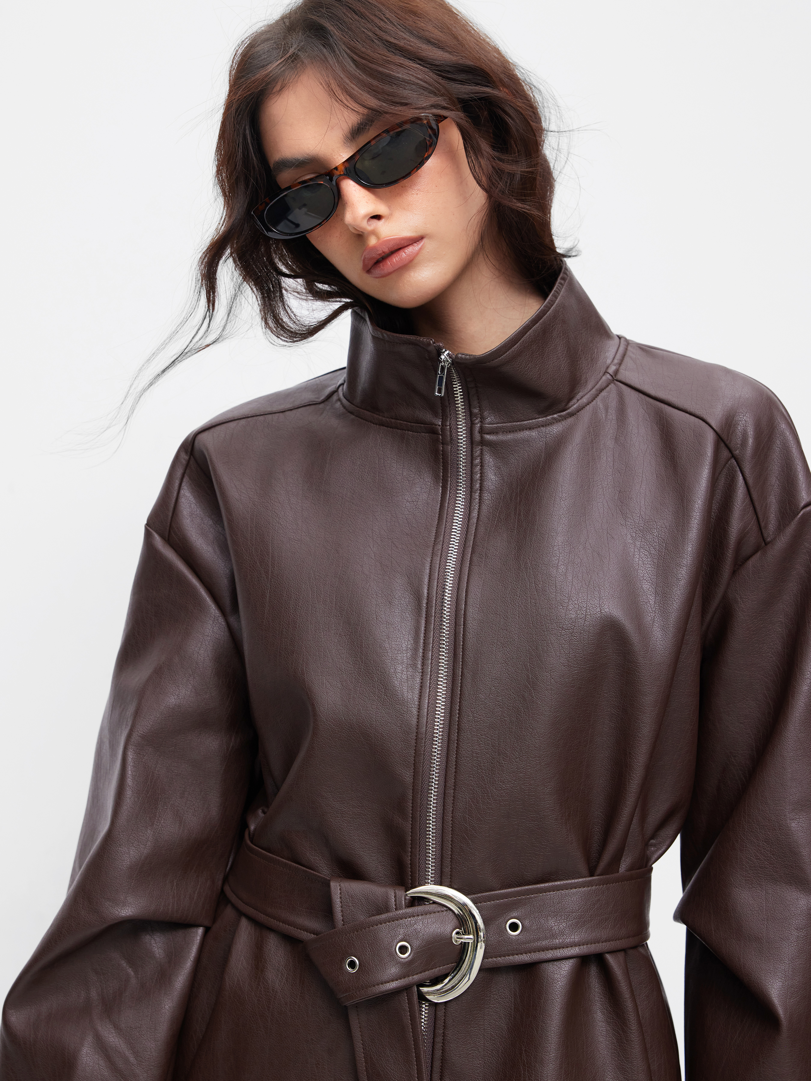 Faux Leather Faux Leather Stand Collar Zip Through Jacket With