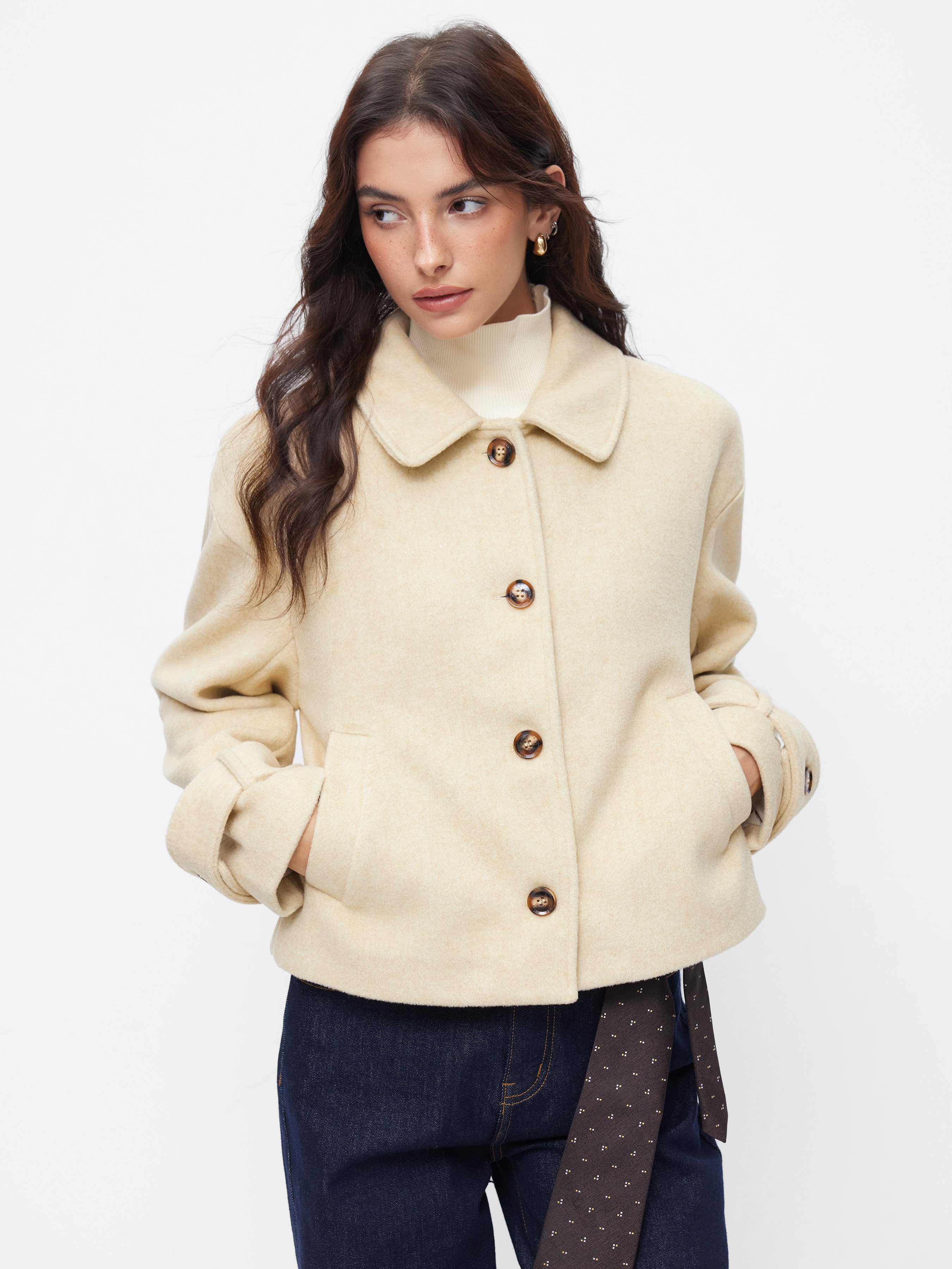 Wool-like fabrics Wool-look Peter Pan Collar Long Sleeve Jacket