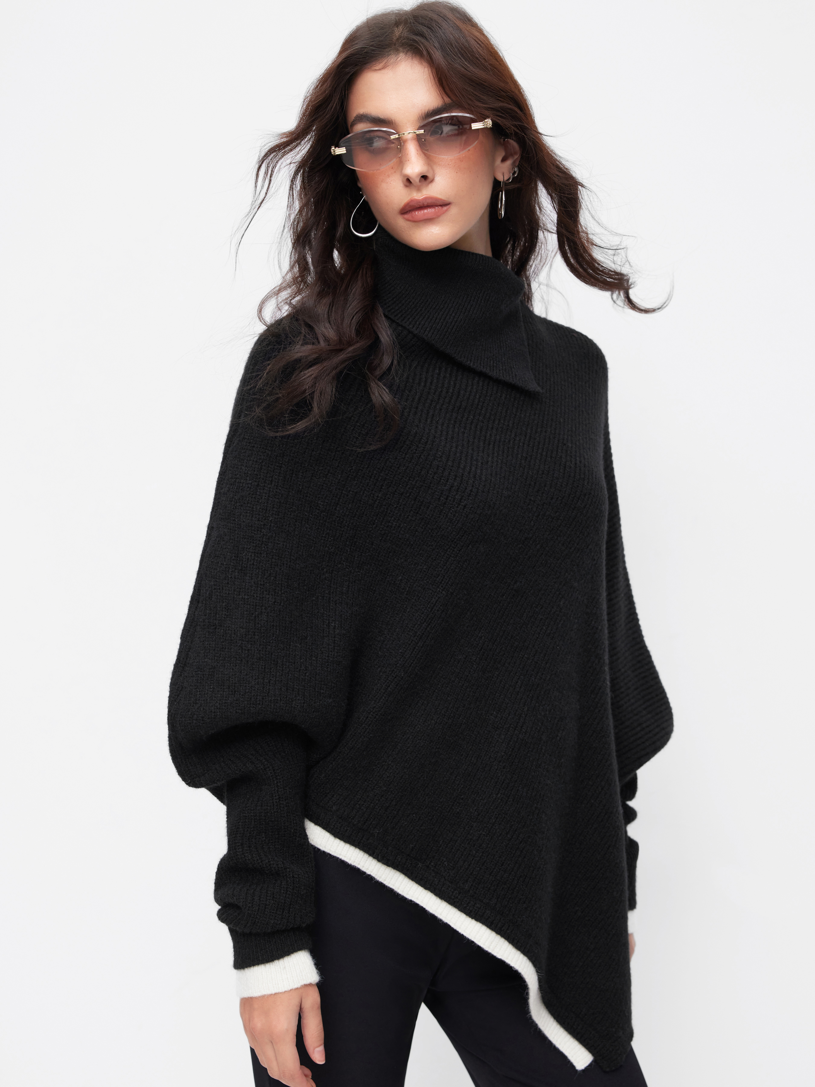 Knit Asymmetrical Neck Oversized Two Tone Batwing Sleeve Top