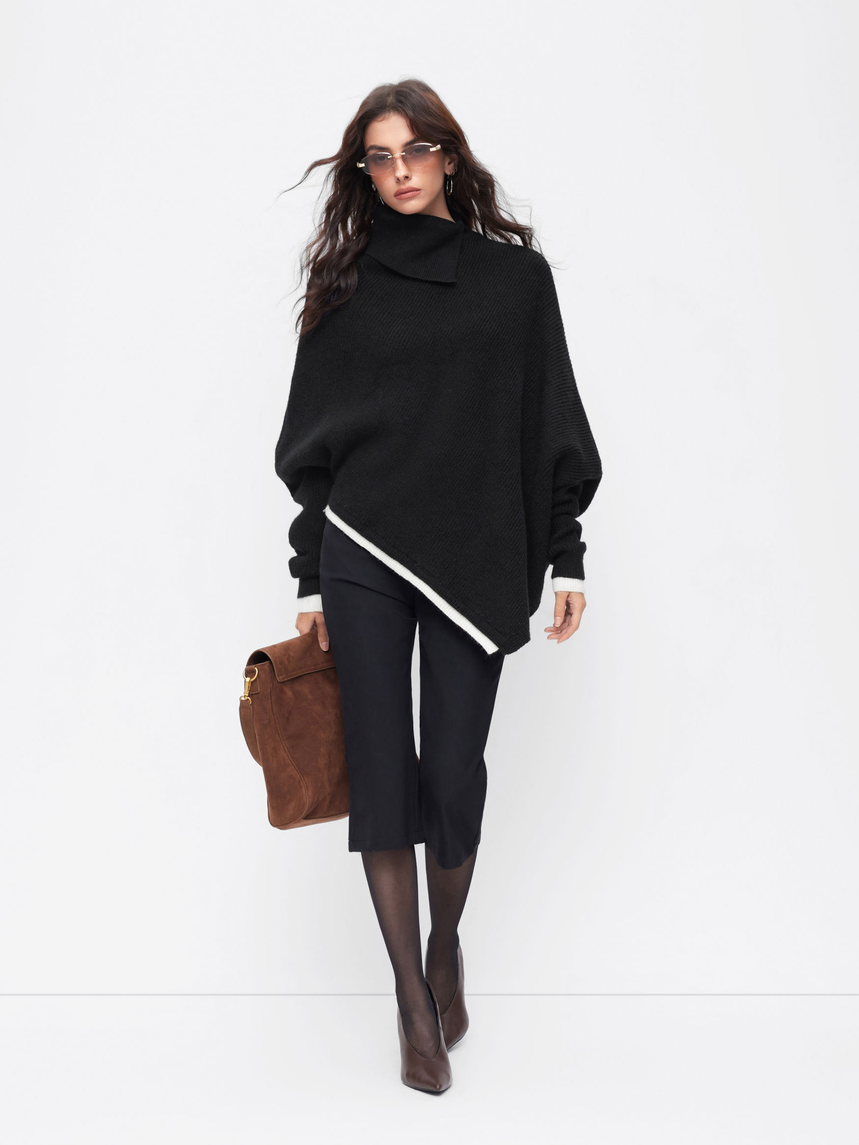 Knit Asymmetrical Neck Oversized Two Tone Batwing Sleeve Top