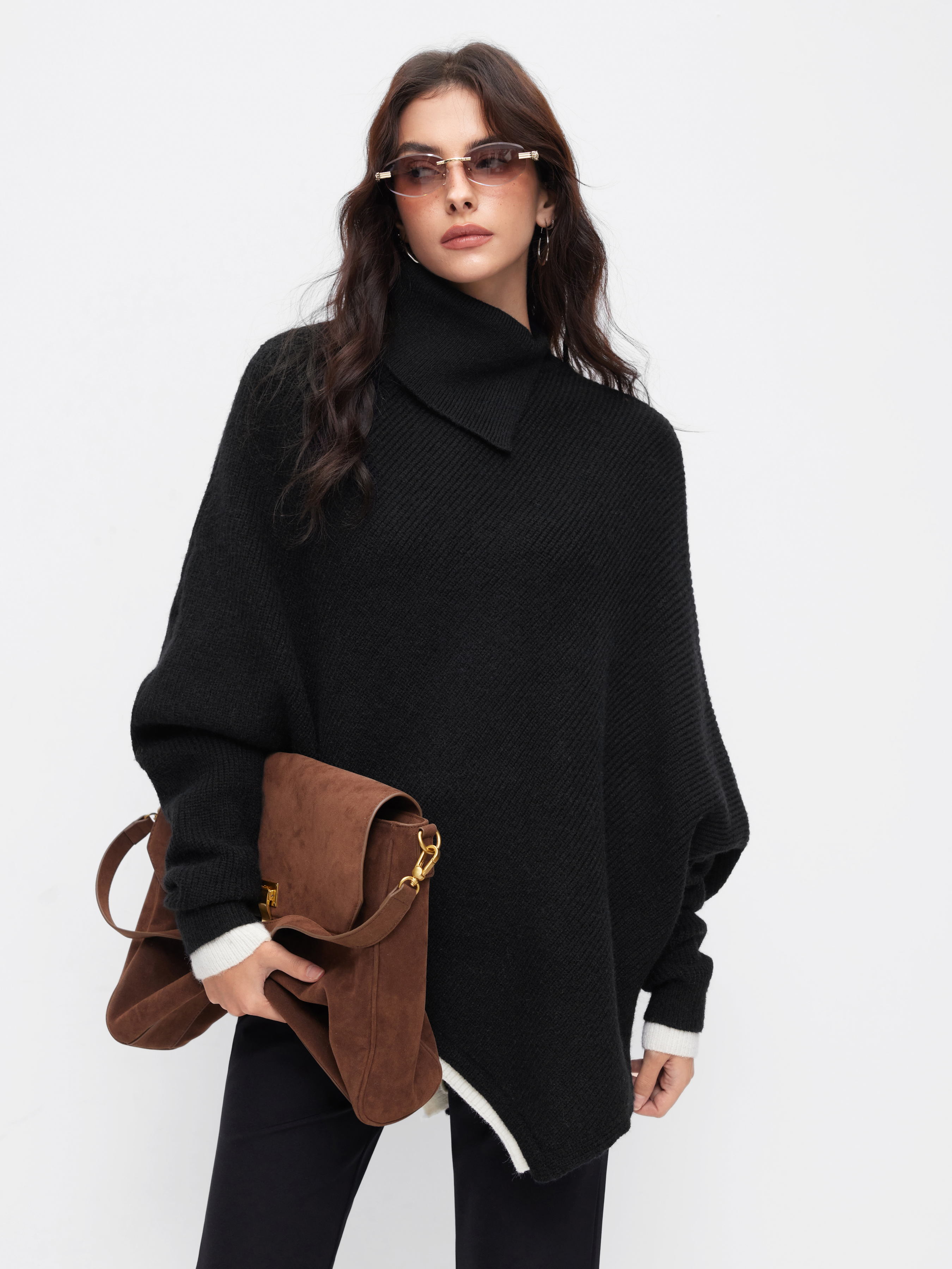 Knit Asymmetrical Neck Oversized Two Tone Batwing Sleeve Top