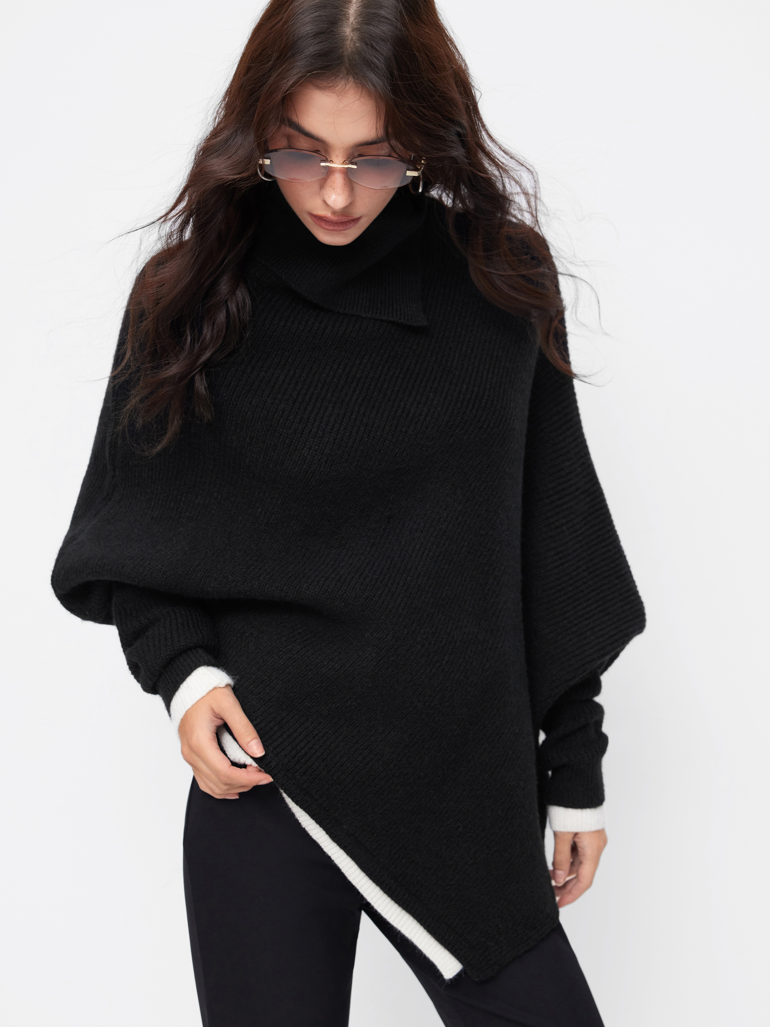 Knit Asymmetrical Neck Oversized Two Tone Batwing Sleeve Top