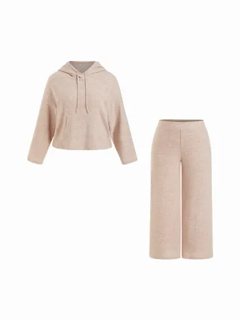 Kapuzierte, schnürbare Oversize-Oberteil & Mittelhohe, gerade Beine Hosen - Lounge-Set Kurve & Plus