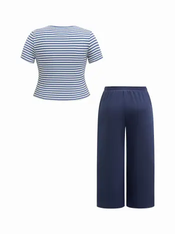 Baumwollmischung gestreifter Oberteil mit abnehmbarer Badehose & 05 Brooklyn Mittelhöhe Bund Breitbein Hosen Lounge-Set Kurve & Plus