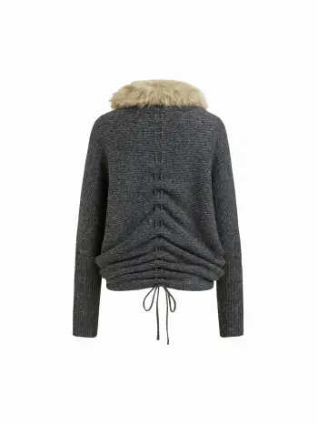 Strickjacke mit V-Ausschnitt, Faux-Fellborte und Reißverschluss, Übergröße