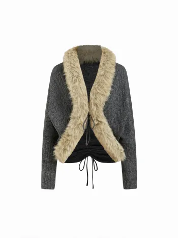 Strickjacke mit V-Ausschnitt, Faux-Fellborte und Reißverschluss, Übergröße