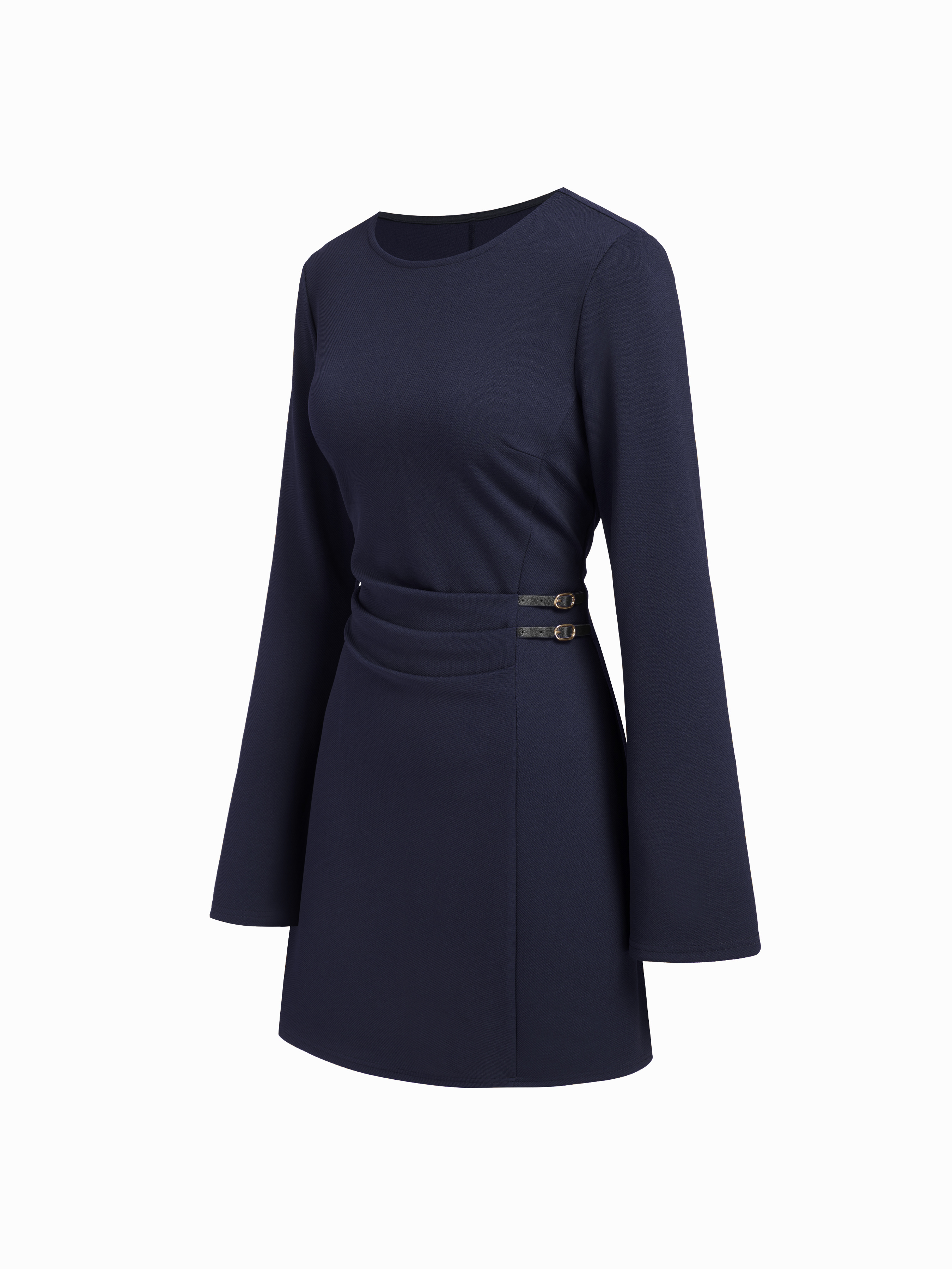 Tricot Round Neckline Side Belted Pleated Bell Sleeve Mini Dress For Travail