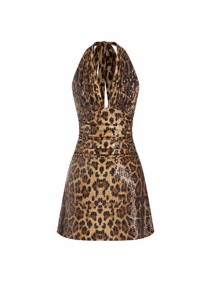 special occasion dresses Sequins Sequin Leopard Halter Neck Backless A-line  Mini Dress For Date Party/Clubbing