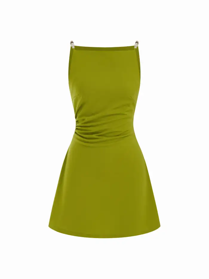 square neck mini ruched cami dress Woven Square Neck Beaded Ruched A-line Cami Mini Dress For Daily Casual
