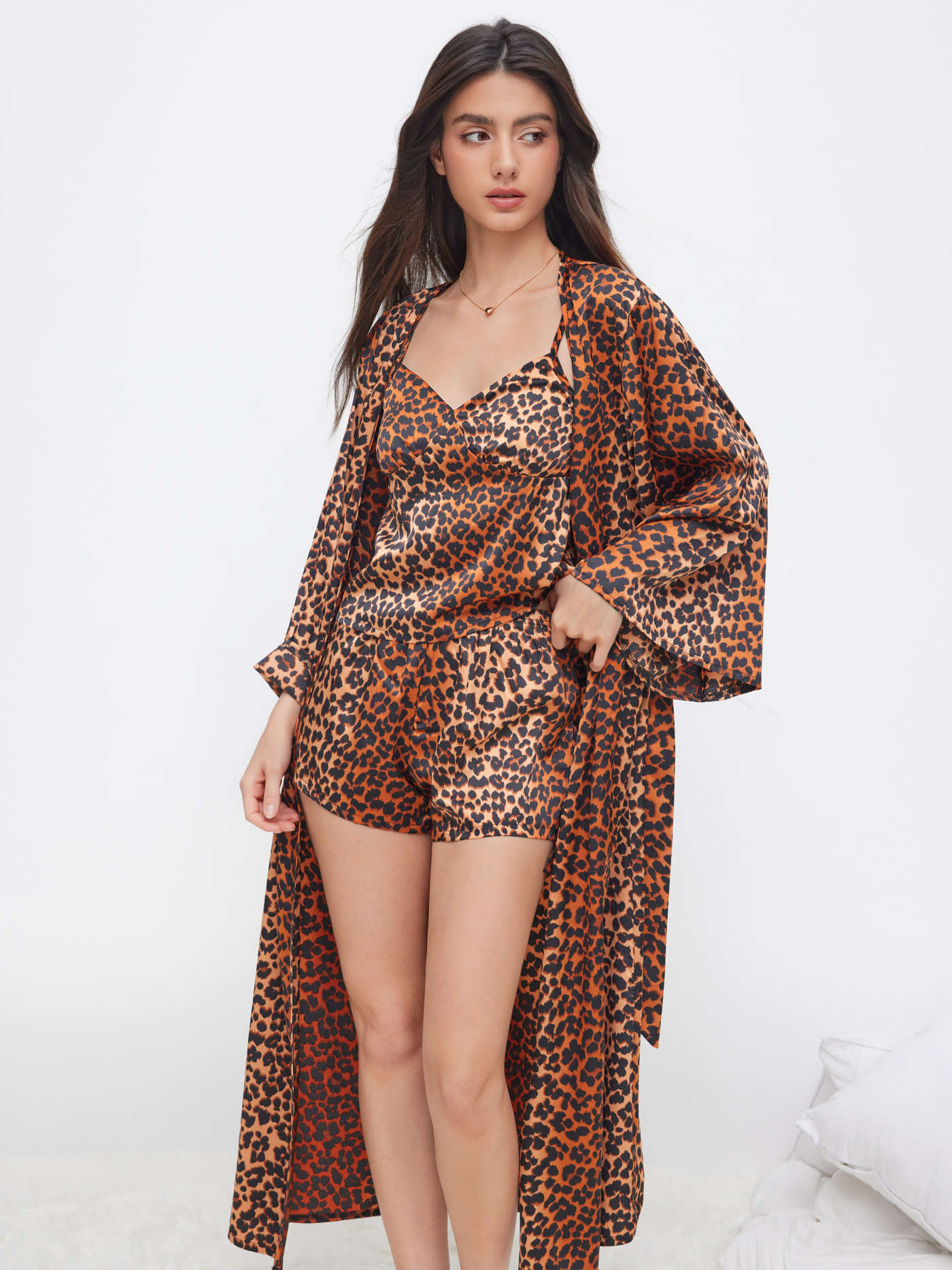 Three-piece Satin Leopard Print V-neck Cami Top & Mid Rise Loungewear Shorts & Robe With Belt