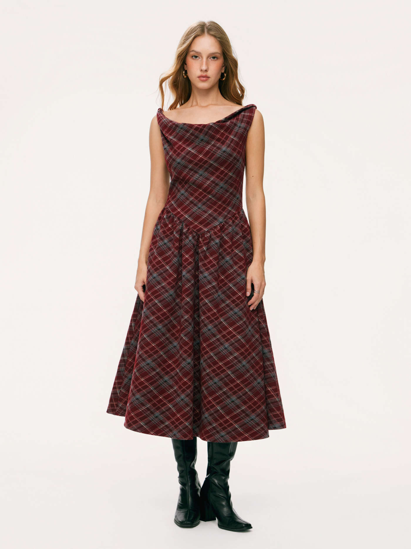 Cowl Neck Tartan Plaid Twist A-line Midi Cami Dress