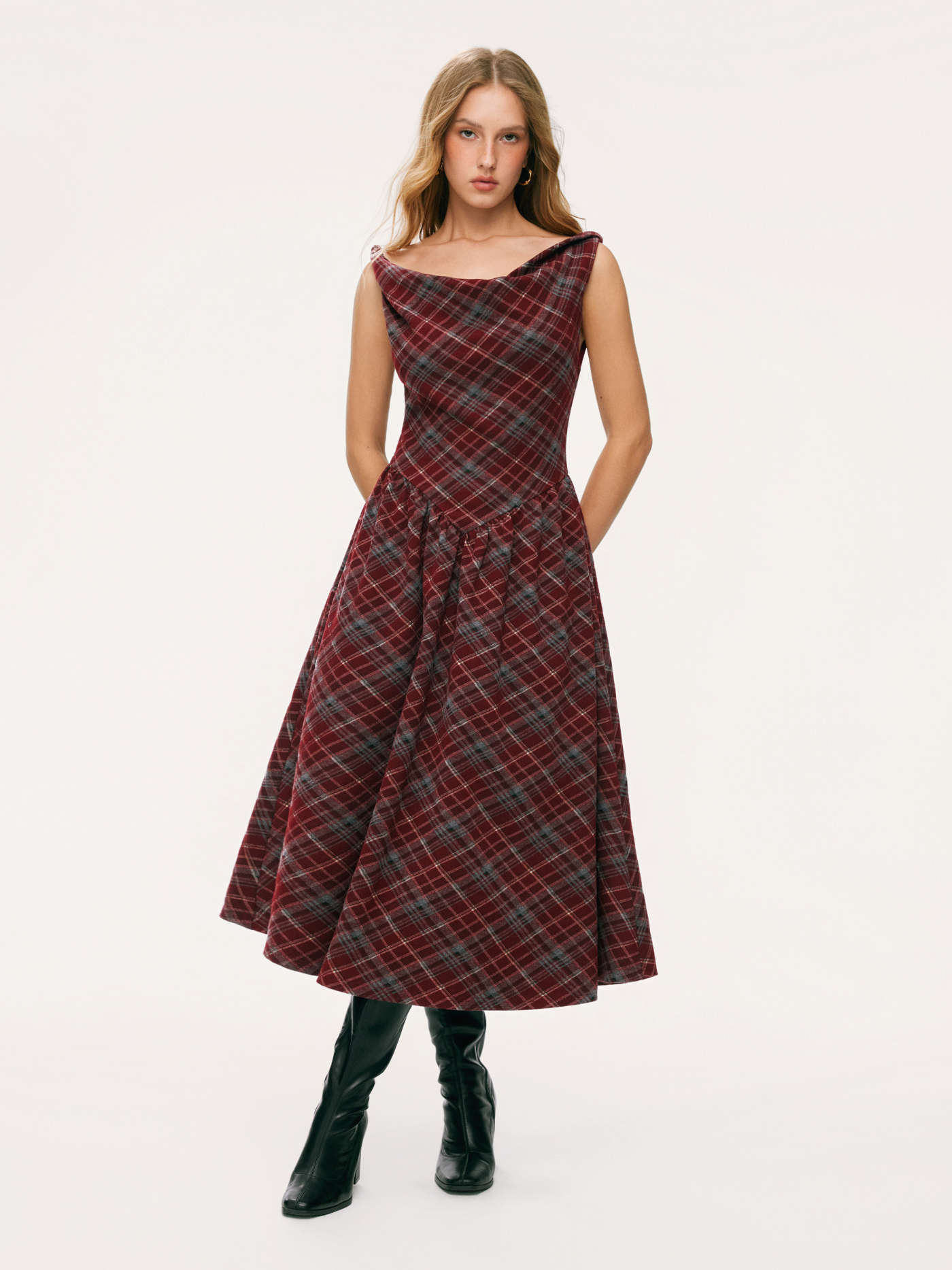 Cowl Neck Tartan Plaid Twist A-line Midi Cami Dress