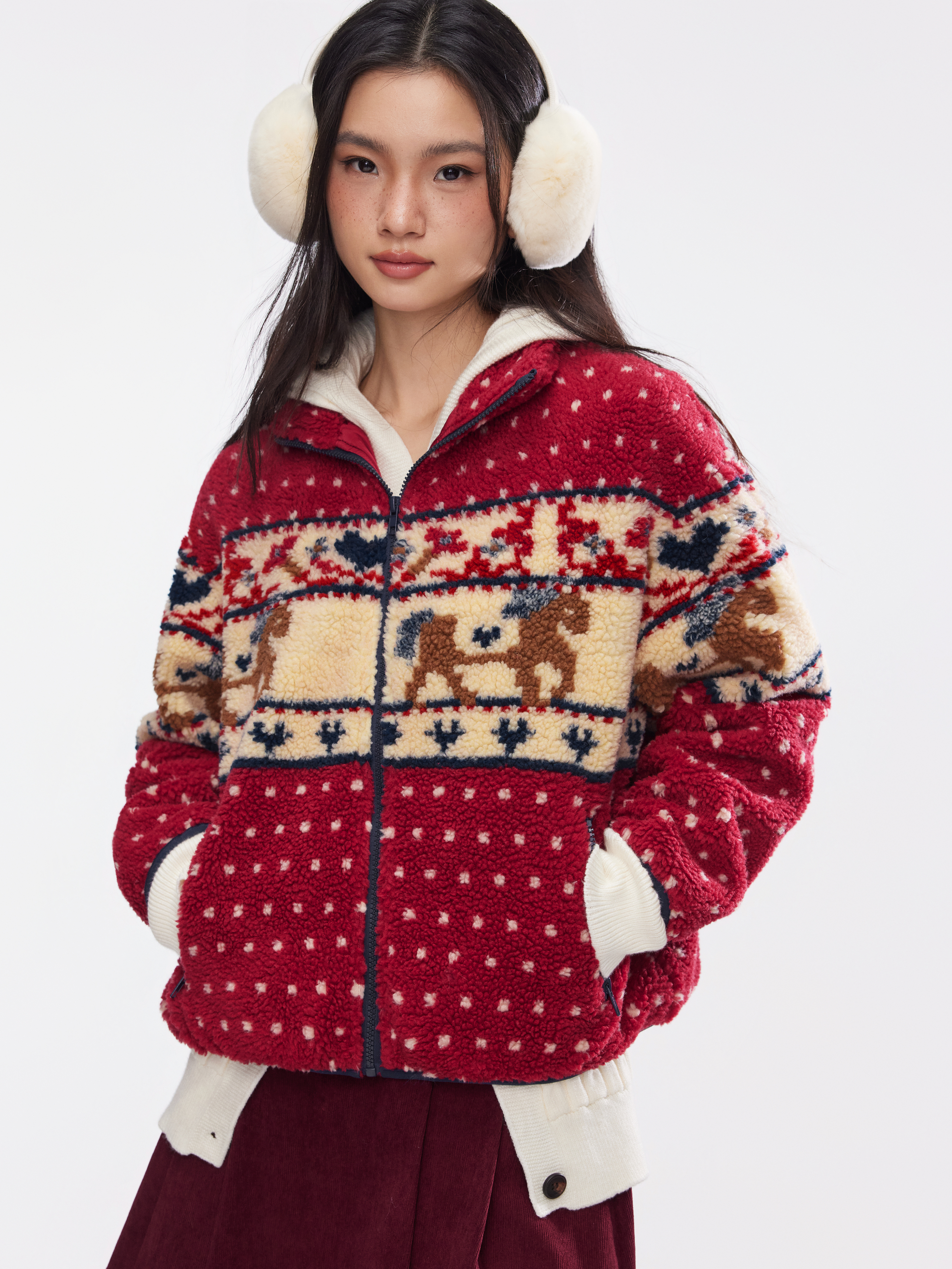 Fleece Stand Collar Fawn Polka Dot Graphic Pocket Jacket