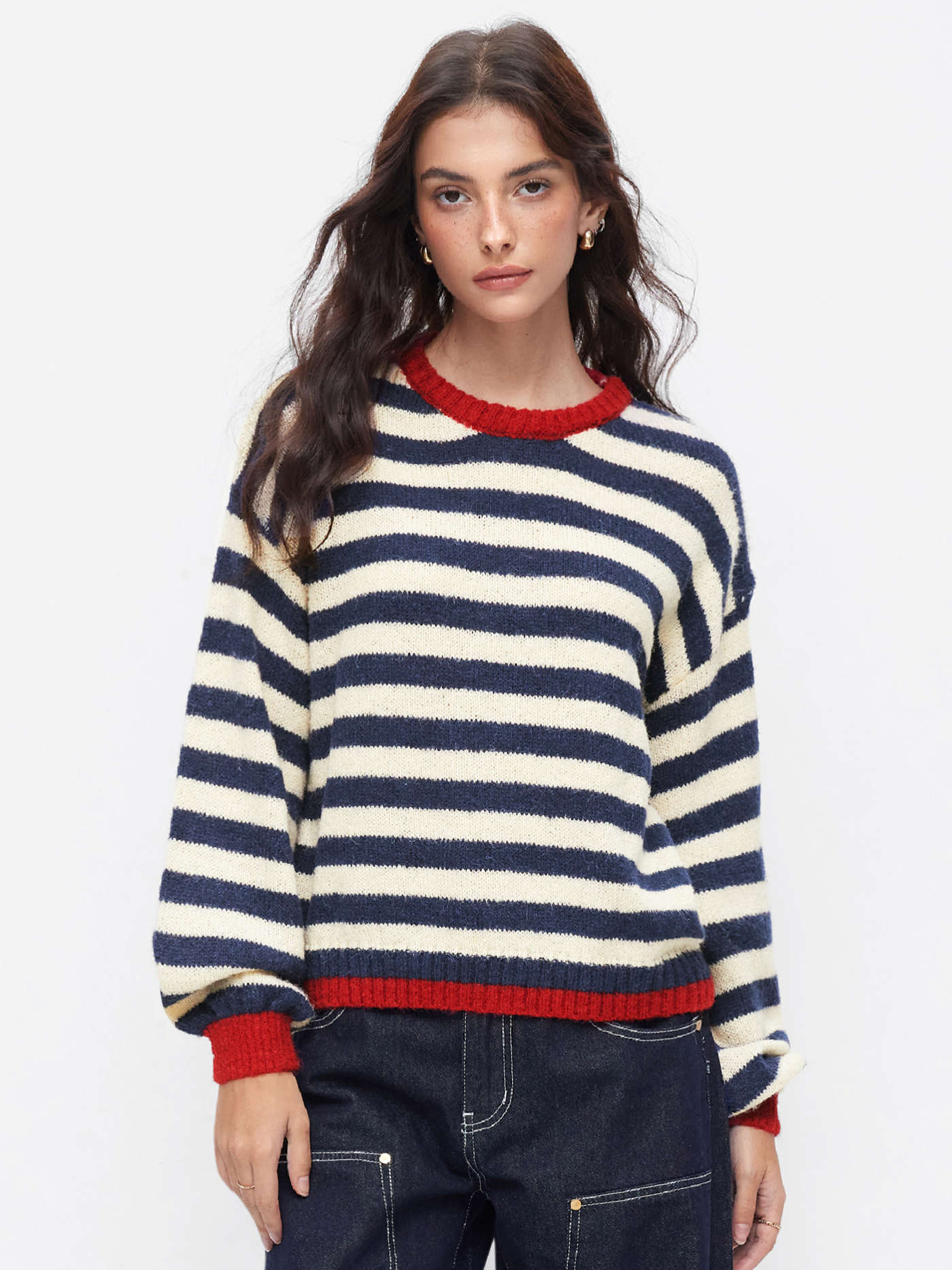 Knit Mohair-blend Striped Contrasting Binding Oversized Top