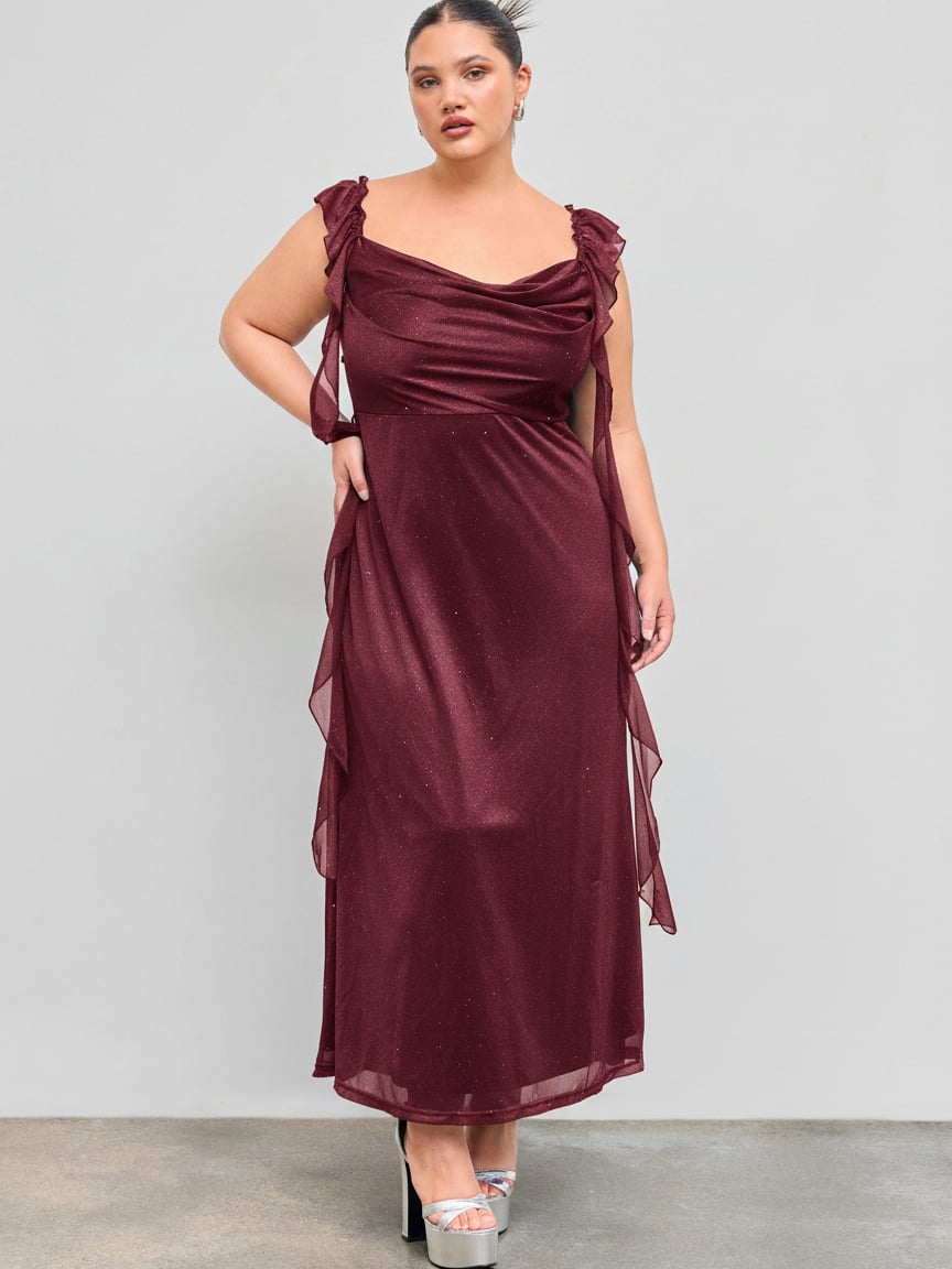 cowl neck solid sequin ruffle hem maxi dress Cowl Neck Solid Sequin Ruffle Hem Maxi Dress Cider