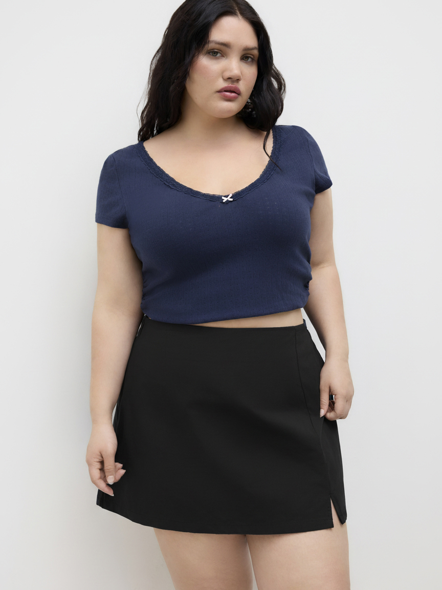 Cotton Mid Rise Split Mini Skirt Curve & Plus