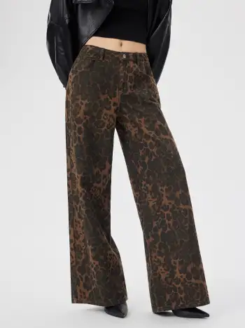 Leopard Notched Collar Button Faux Fur Coat