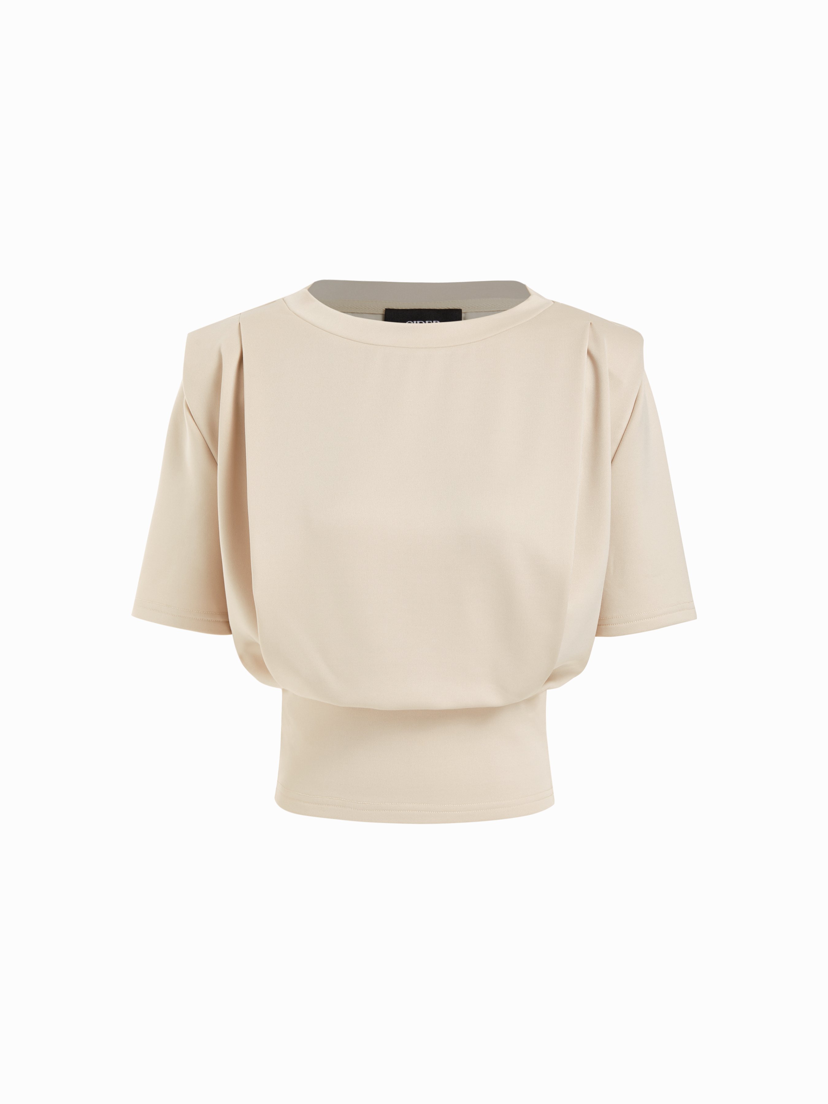 Knit Fabric Boat Neck Short Sleeve Pleated Top With Shoulder Pads