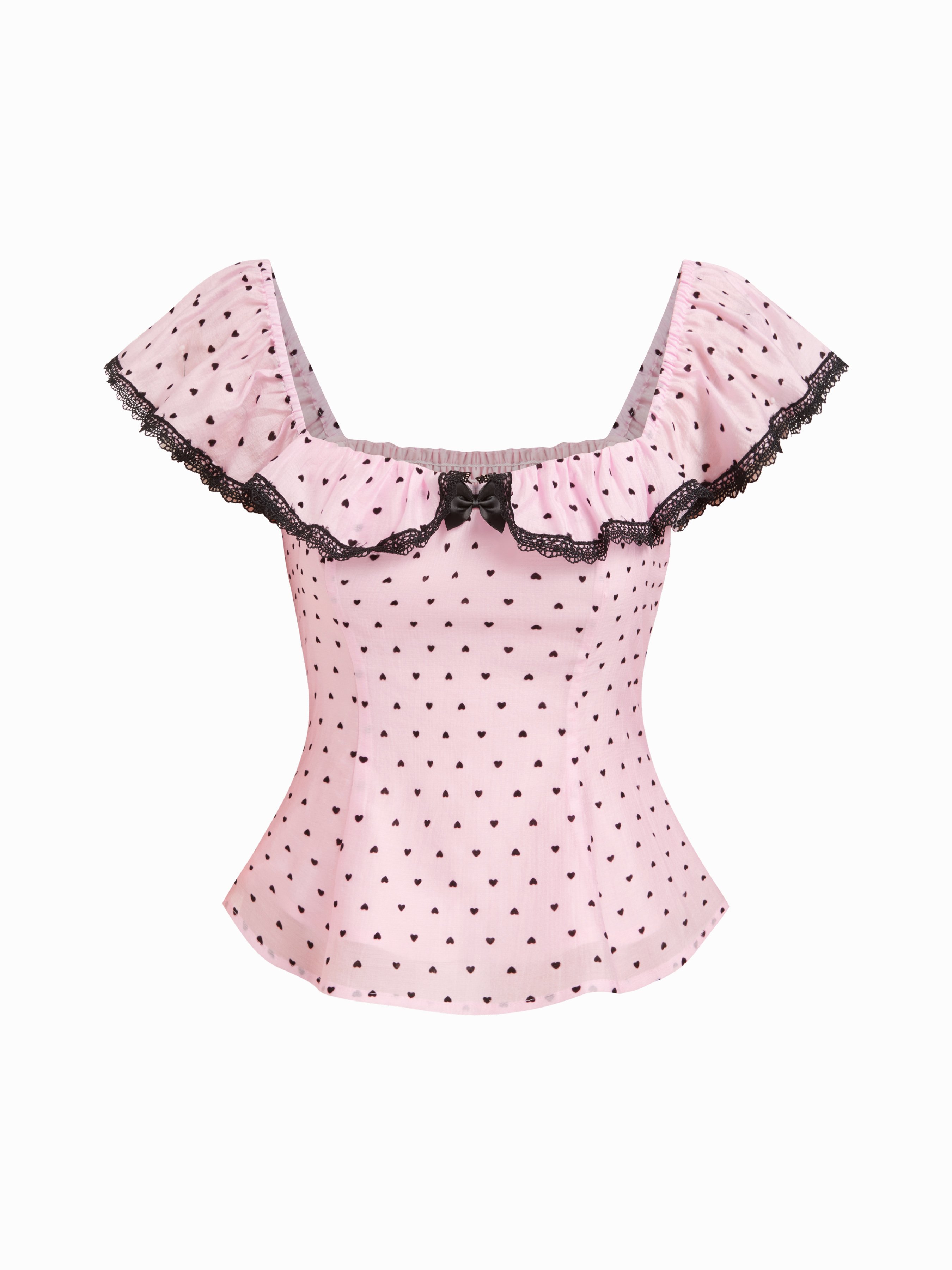 Woven Heart Square Neck Lace Trim Bowknot Shirred Blouse For Daily 