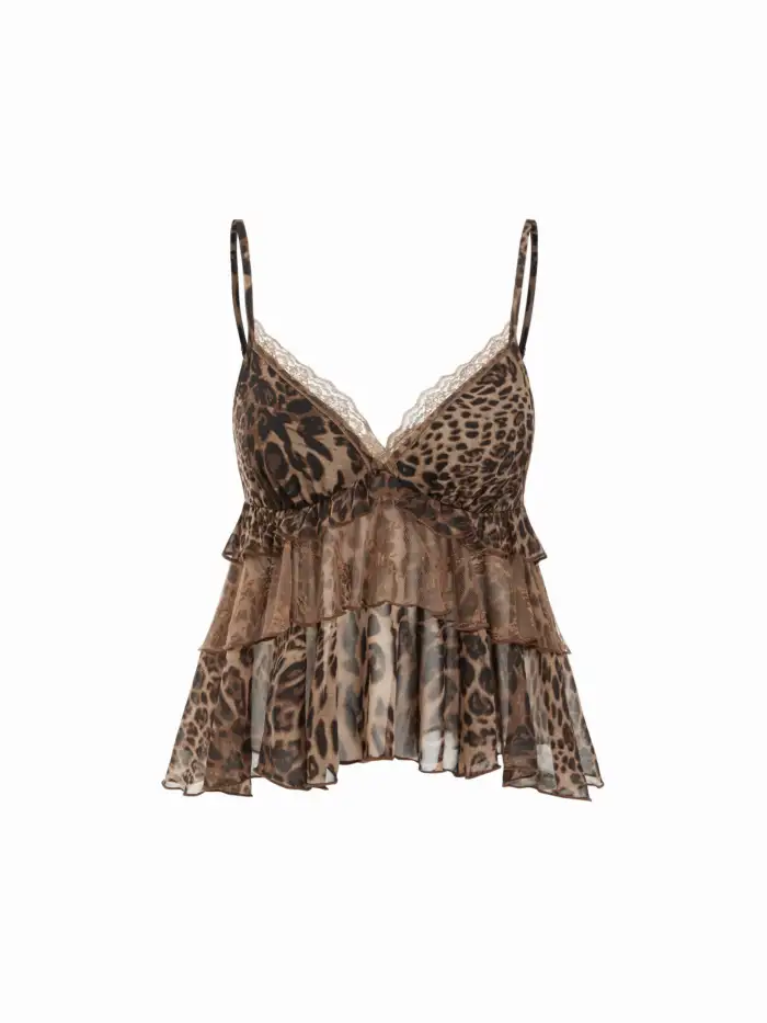 Chiffon Leopard V-neck Lace Trim Cami Top