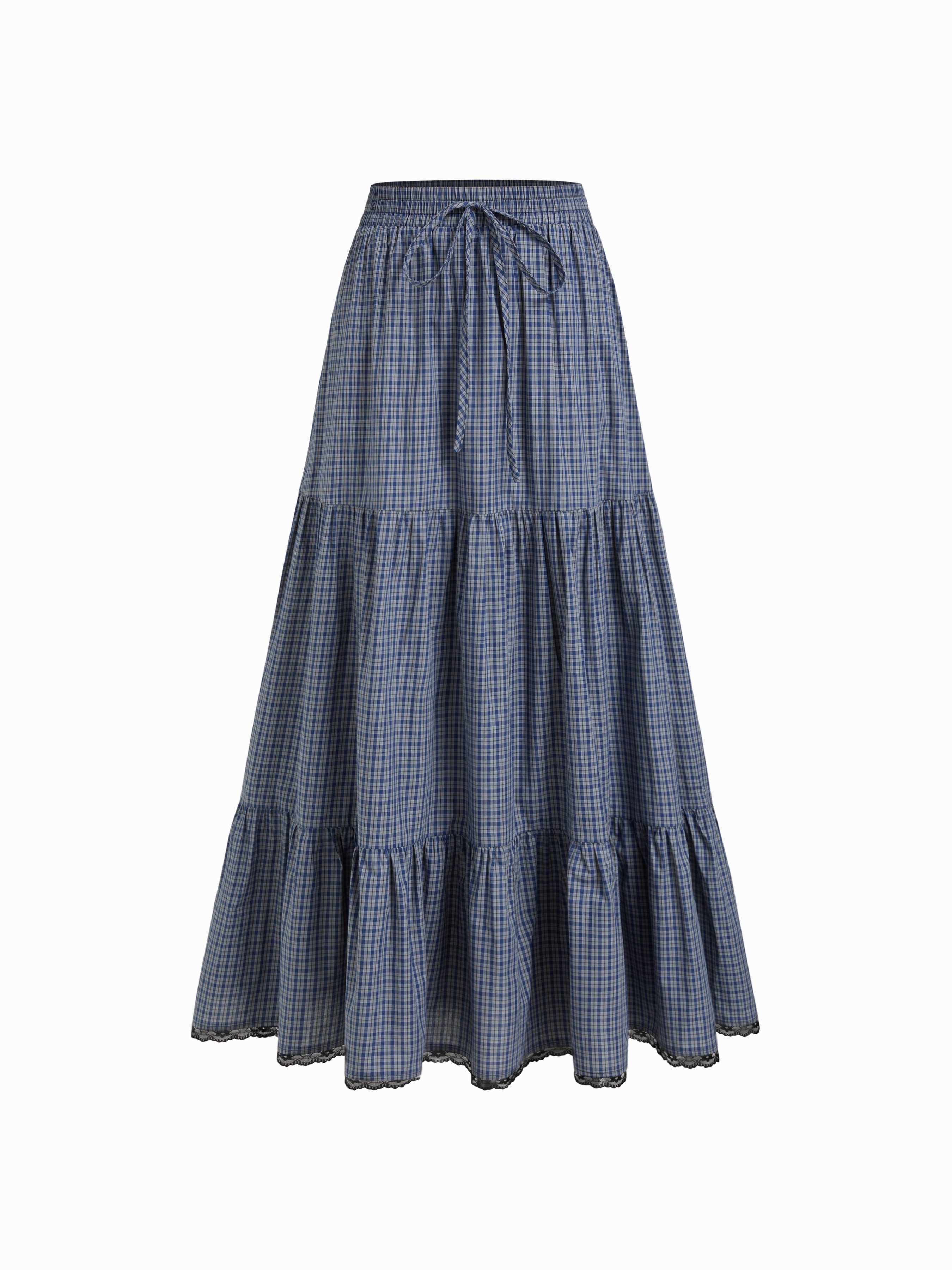 CIDER Cotton Cotton-blend Mid Rise Plaid Lace Trim Drawstring Tiered Maxi Skirt For Daily Casual