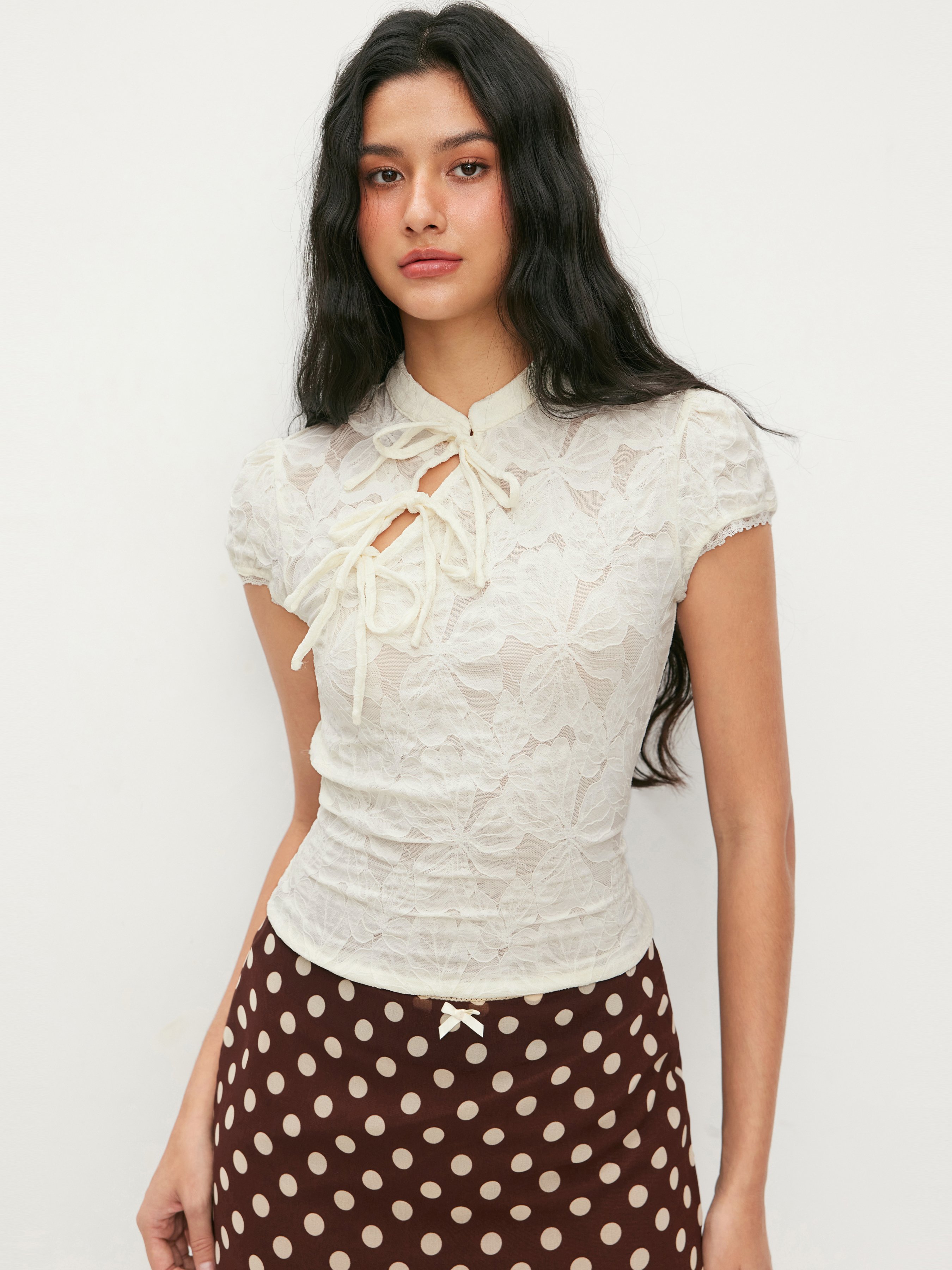 Lace Lace Floral Stand Collar Bowknot Short Sleeve Top For Daily