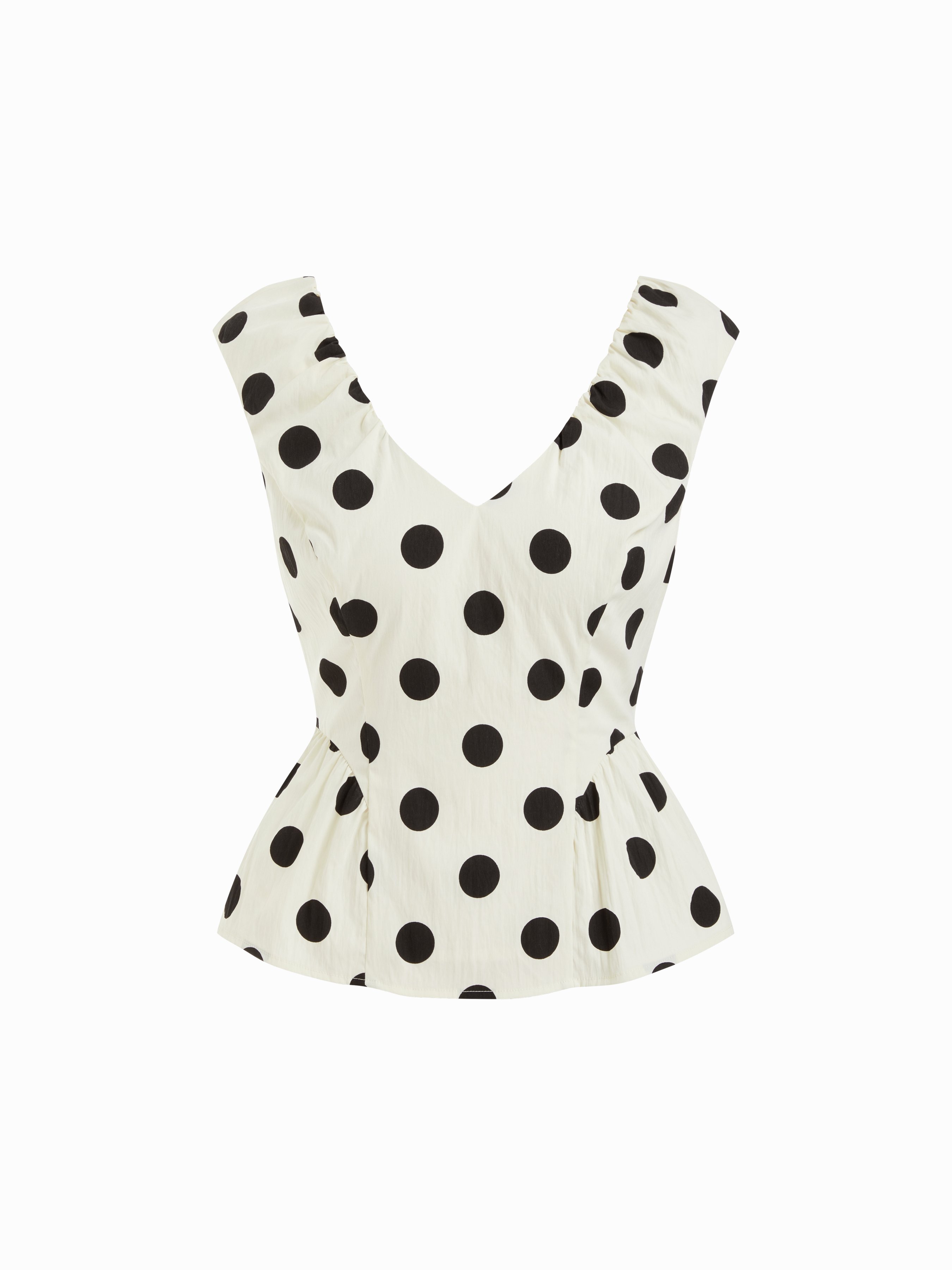 CIDER Woven Polka Dot V-Neck Shirred Peplum Blouse For Daily Casual