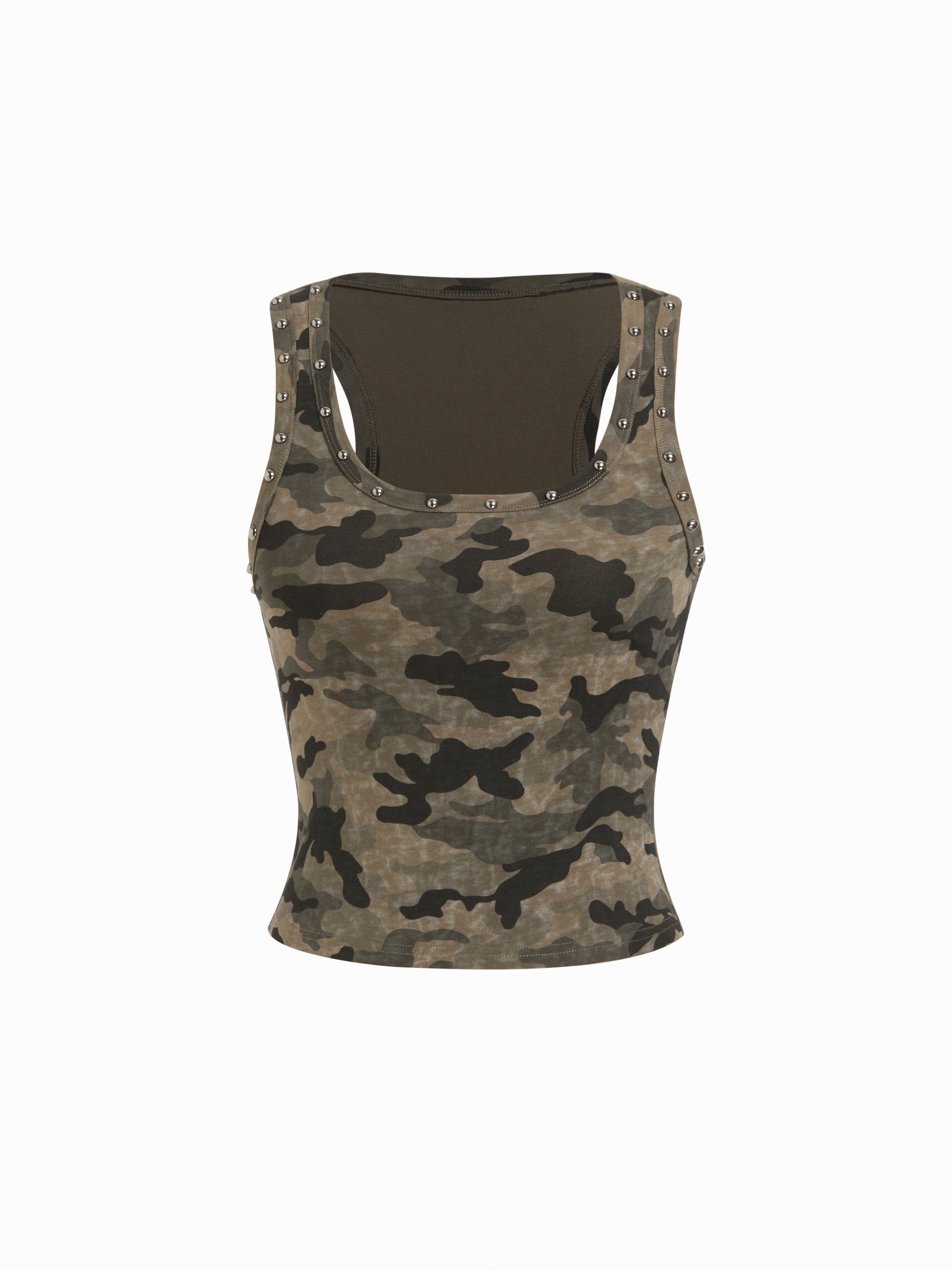 CIDER Knit Fabric Cotton-blend Square Neck Camo Crop Top with Metal Detail For Music Festival/Live House Gym/Sports