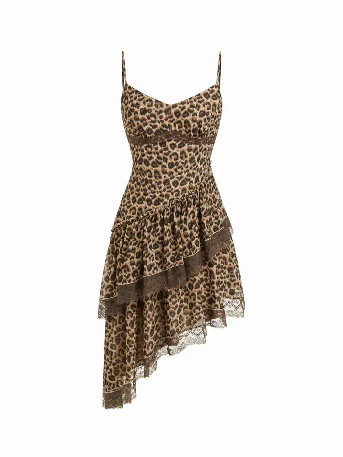 Chiffon Chiffon Leopard Print V-neck Lace Trim Cami Midi Dress For Party/Clubbing Chiffon Chiffon Leopard Print V-neck Lace Trim Cami Midi Dress For Party/Clubbing