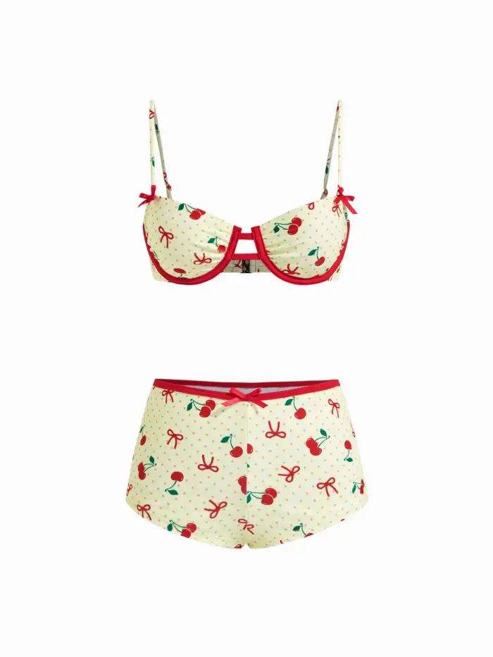 Bowknot Cherry Underwire Shorts Bikini Set