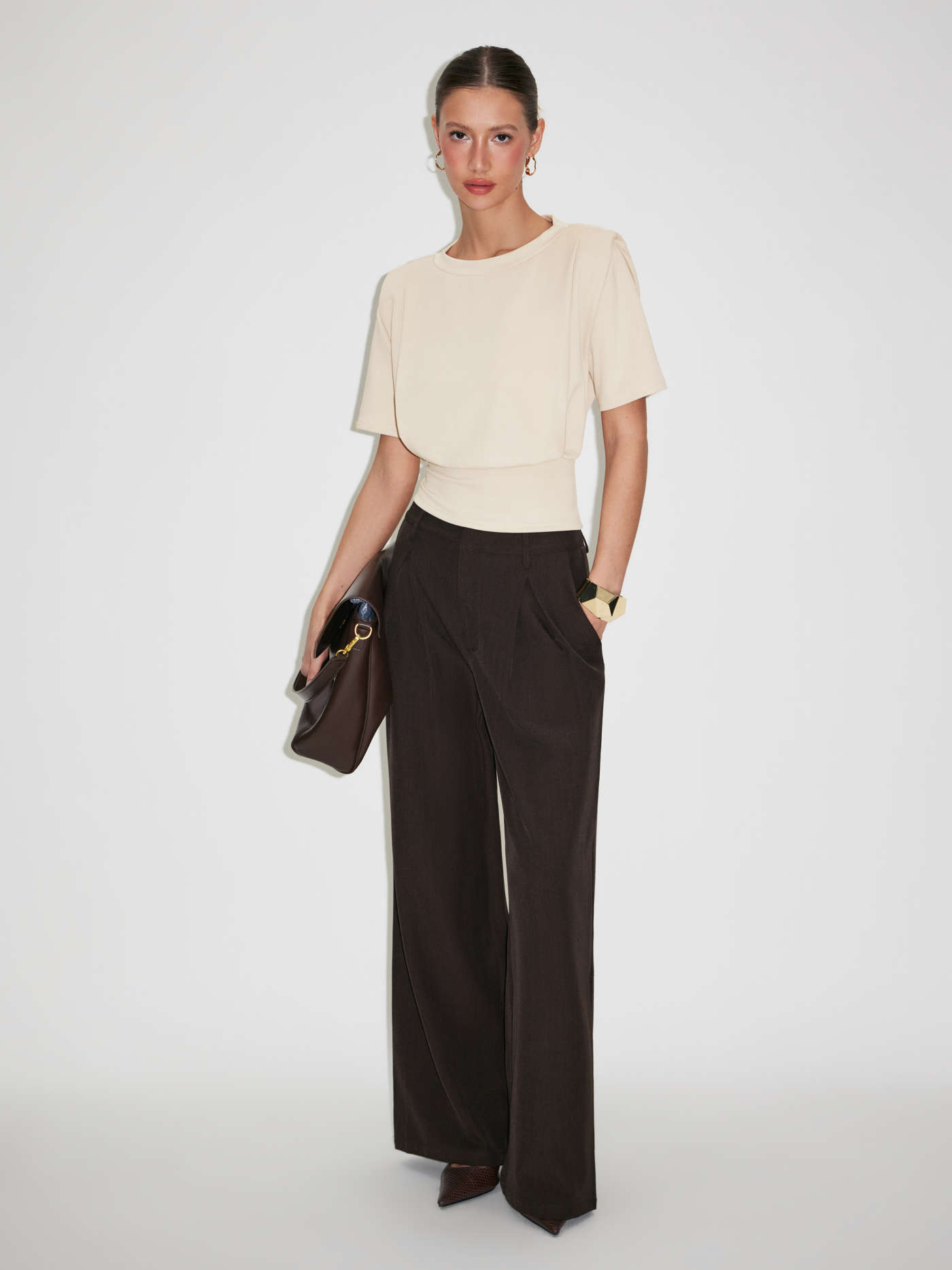 Boat Neck Short Sleeve Pleated Top