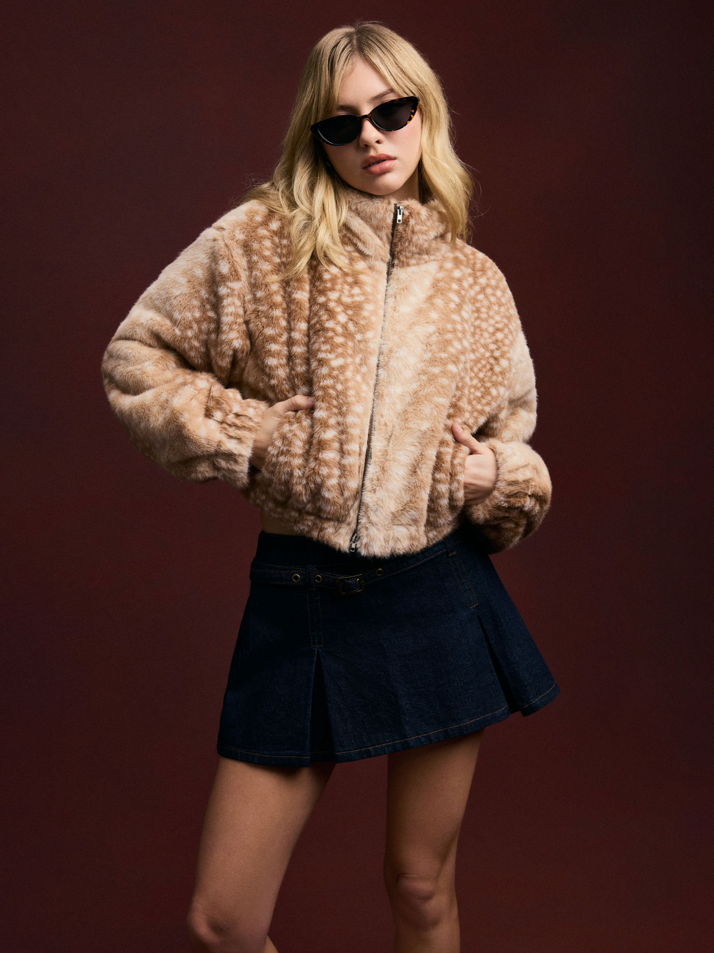 Faux Fur Deer Print High Neck Zip Through Jacket