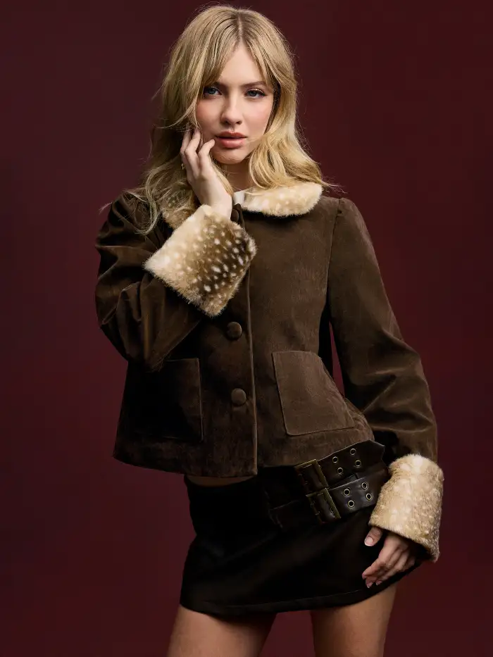 Wildleder Suedjacke mit Peter-Pan-Kragen und abnehmbaren  Reh-Fake-Fellkragen und -manschetten For Lssige Alltagskleidung