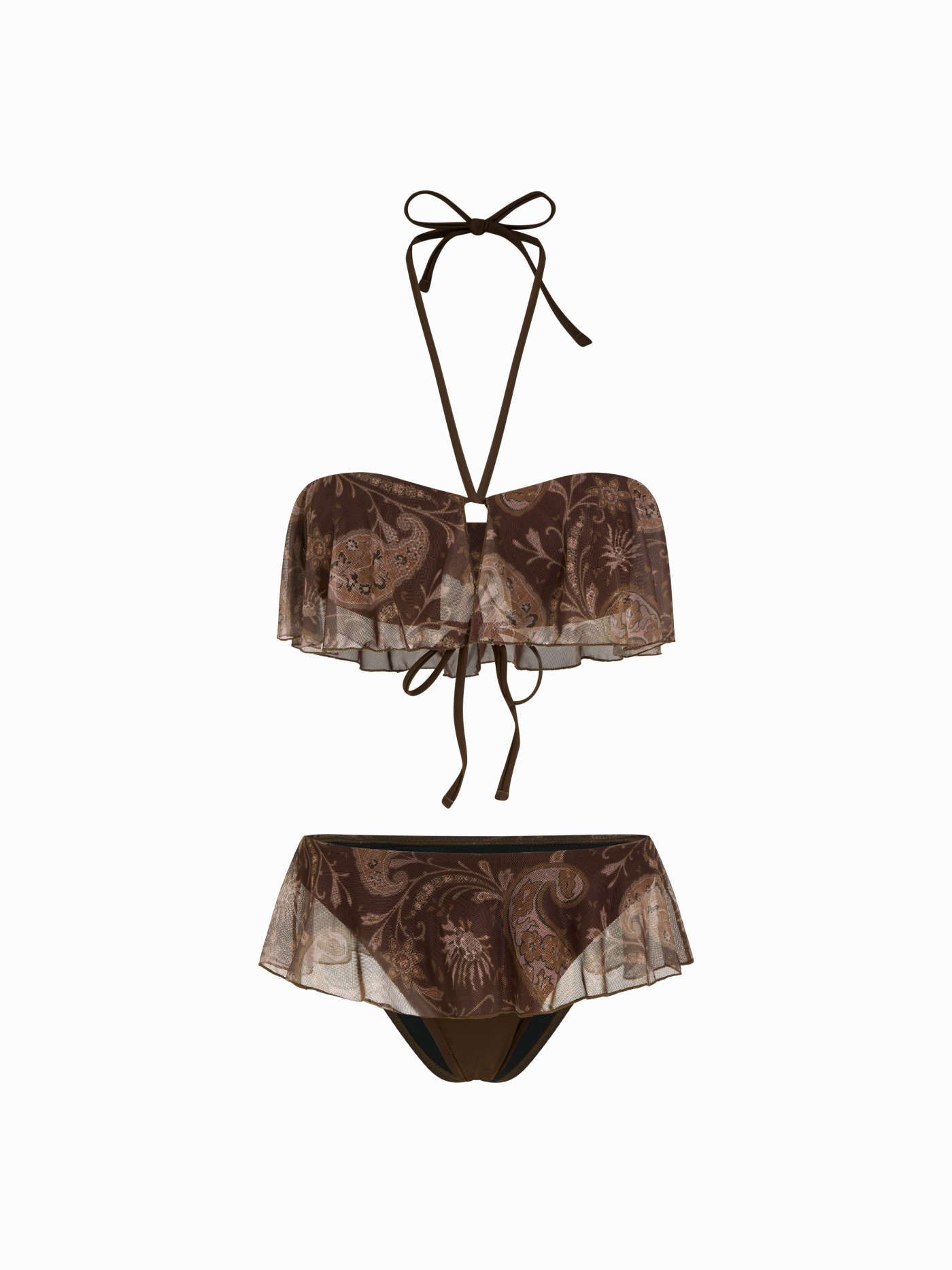 Knit Fabric Halter Neckline Paisley Ruffle Hem Cheeky Bikini Set For Vacation Swimming Pool Beach